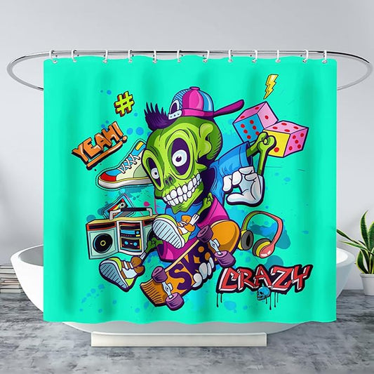 AILONEN Skate Skull Shower Curtain for Bathroom,Green Hip Hop Sport Skull Art Bathroom Curtain for Kids Girls Teen,Bath Curtain 60" W*72" H Polyester Waterproof Bathroom Curtain with 12 Hooks