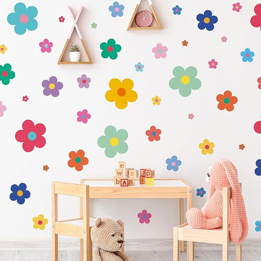 Amaonm 12 Sheets Large Daisy Wall Decals DIY Boho Sunflower Wall Stickers Peel and Stick Colorful ins Daisy Floral Wall Decor for Nursery Little Girls Teens Bedroom Living Room (8 Sheets of 48pcs)
