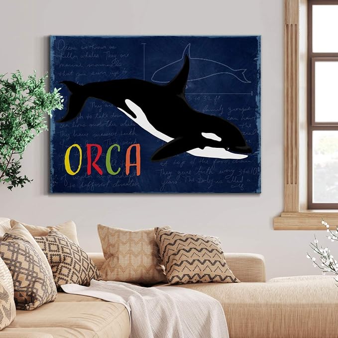 Renditions Gallery Canvas Animal Wall Art Modern Decorations Paintings Colorful Playful Orca Abstract Black & White Vibrant Artwork Canvas Prints for Kids Bedroom Nursery - 32"x48" LT33