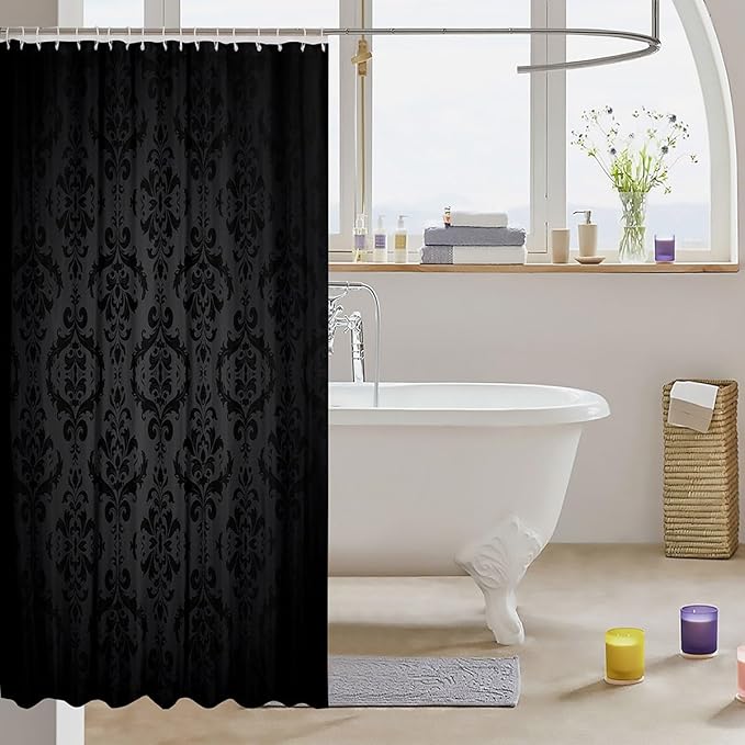 Feelyou Black Damask Pattern Shower Curtain 72"x78" Kids Vintage Floral Bathroom Shower Curtain Set for Boys Girls Teens Antique Victorian Baroque Bath Curtain Baroque Style Bathroom Accessories