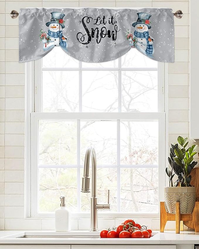 Snowman Christmas Blackout Tie Up Valance Curtains for Kitchen Windows Let It Snow Winter Holiday Window Toppers Balloon Shades for Living Room/Bathroom/Bedroom,1 Panel, 60" X 18", Grey White