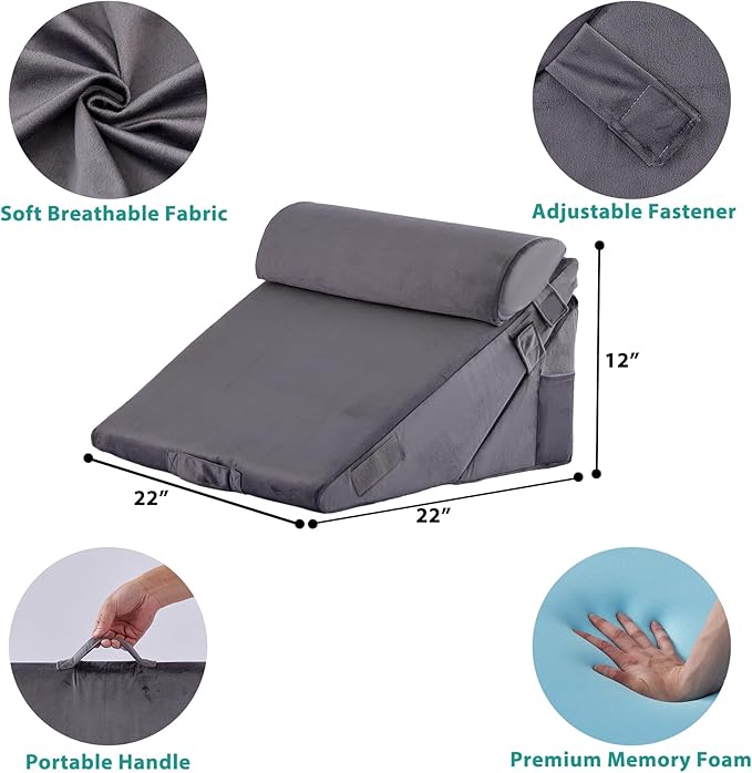 3Pcs Orthopedic Bed Wedge Pillow Set, Foam Wedge Pillow Post Surgery for Back, Leg and Knee Support, Adjustable 9&12 Inch Folding Triangle Pillow for Sleeping, Acid Reflux, Snoring, Velvet