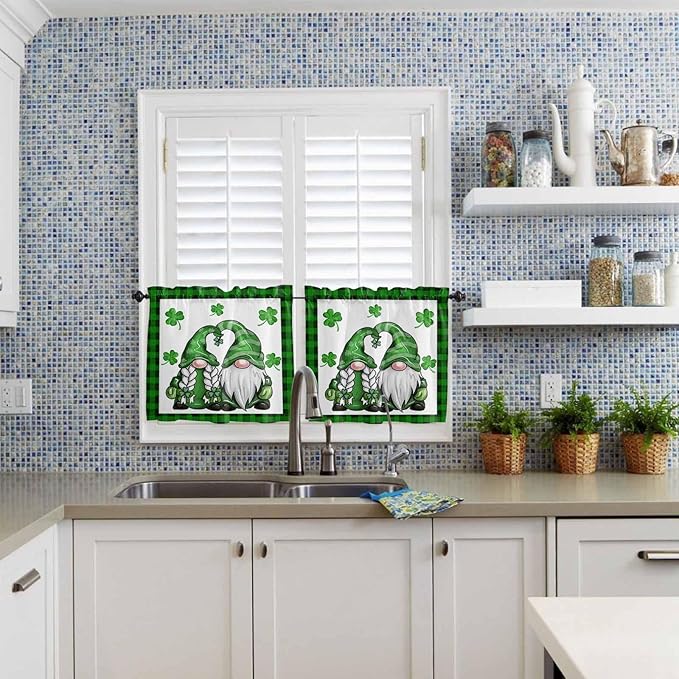 Gnome St. Patrick's Day Kitchen Curtains and Valances Set, Buffalo Plaid Shamrock Window Tiers Seasonal Spring Holiday Half/Short Curtains for Small Windows Cafe /Living Room/ Bedroom 54x 36 in