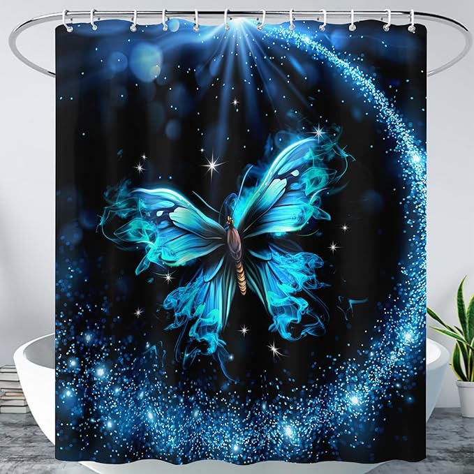 AILONEN Butterfly Shower Curtain Bathroom 72" W*84" H Sparkly Blue Butterflies Curtain Cloth Fabric Bathroom for Girls Kids,Boho Style Shower Curtain Set