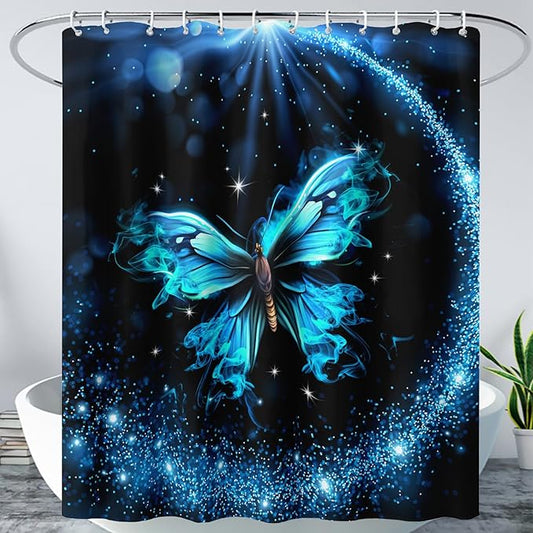 AILONEN Butterfly Shower Curtain Bathroom 60" W*72" H Sparkly Blue Butterflies Curtain Cloth Fabric Bathroom for Girls Kids,Boho Style Shower Curtain Set