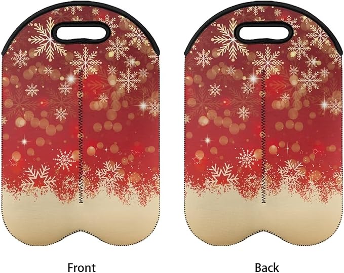 doginthehole Christmas Decorations Wine Carrier Tote Bag 2 Bottle Portable Neoprene Wine Tote Holders, Xmas Red Golden Snowflake Wine Carrying Case Bag for Wine/Beer/Champagne/Water/Drinks
