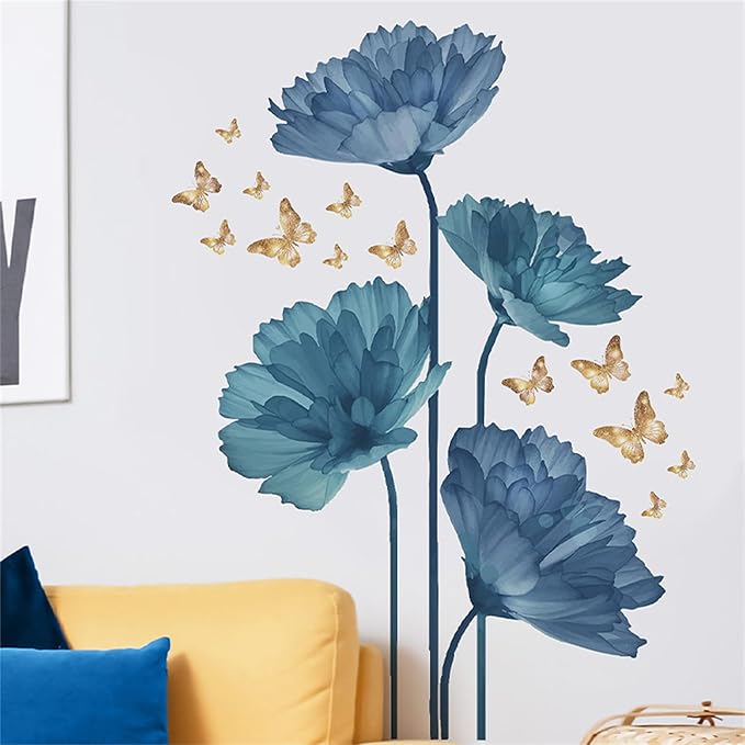 Waterproof Removable Vinyl Flowers Butterfly Wall Decal Wall Sticker Decorations Nursery Kidsroom School Classroom Livingroom Bedroom Bathroom Blue