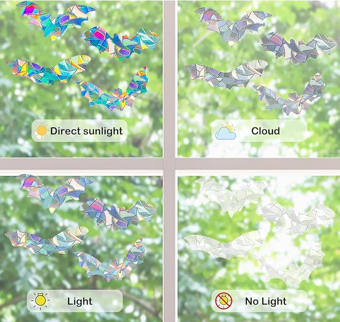 4Pcs Bat Window Stickers, Prism Color Window Decals to Prevent Bird Strikes Bird Window Strike Prevention Window Alert Decals for Birds Strikes, Anti Collision Window Stickers for Birds Window Decals