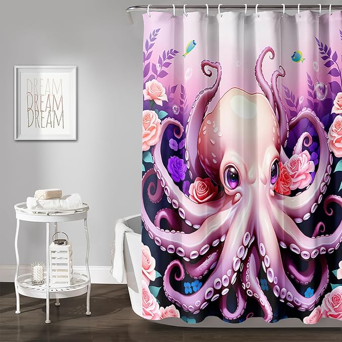AILONEN Cartoon Pink Octopus Shower Curtain for Bathroom,Cute Octopus with Rose Bath Curtain for Kids,Boys,Girls,Ocean Animal Theme Waterproof Fabric Shower Curtain Set with Hooks,72" W*84" H