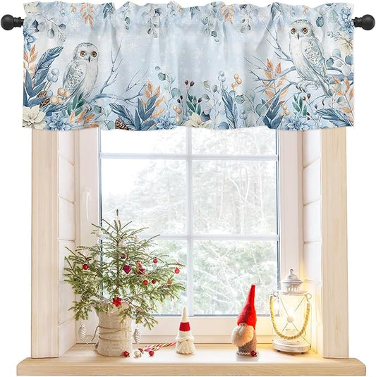 Blue Christmas Valance Curtains for Kitchen Windows Winter Snowy Owl Poinsettia Eucalyptus Leaves Rod Pocket Window Treatment Toppers for Kitchen/Living Room/Bedroom/Bathroom, 54" X 18",