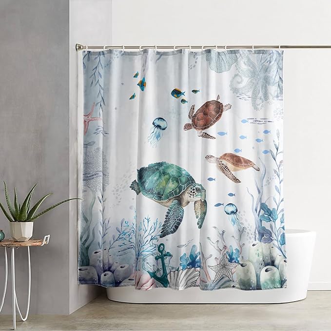 AILONEN Cartoon Sea Turtle Shower Curtain Set, Blue Ocean Animals Waterproof Fabric Shower Curtain,Gouache Anchor Nautical Theme Shower Curtain Liner for Bathroom with Hooks,72" Wx72 H