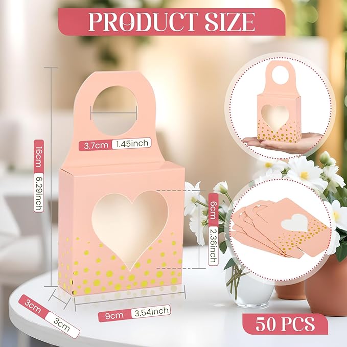 Megitzuu 50 Pieces Wine Bottle Box with Window, Pink Wine Boxes for Gifts Hanging Foldable Wine Gift Boxes Kraft Paper Wine Bottle Hanger Favor Box for Holding Candy Truffles Chocolate Cookies