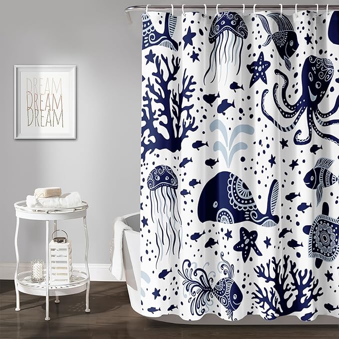 AILONEN Cartoon Dolphin Shower Curtain for Kids 72" W*72" H Inch,Blue Whales Octopuses Turtles Pattern Shower Curtain,Ocean Life Theme 12 Pack Hooks Polyester Waterproof Fabric Decor for Bathroom