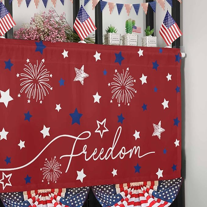 Patriotic 4th of July Kitchen Curtains Valances for Windows Red White Blue Stars Freedom Rod Pocket Window Treatment for Kitchen /Living Room/Bedroom/ Bathroom, 42" X 12", Memorial Day Summer