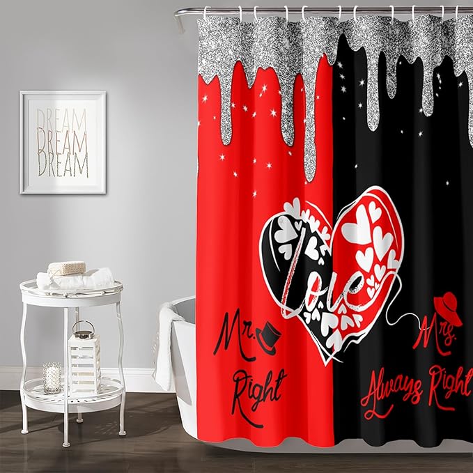 AILONEN Mr Mrs Black and Red Shower Curtain,Love Hearts Pattern Mr Right Mrs Always Right Theme Bath Curtain,Modern Print Decoration Waterproof Shower Curtain with 12 Plastic Hooks, 72" W*84" H