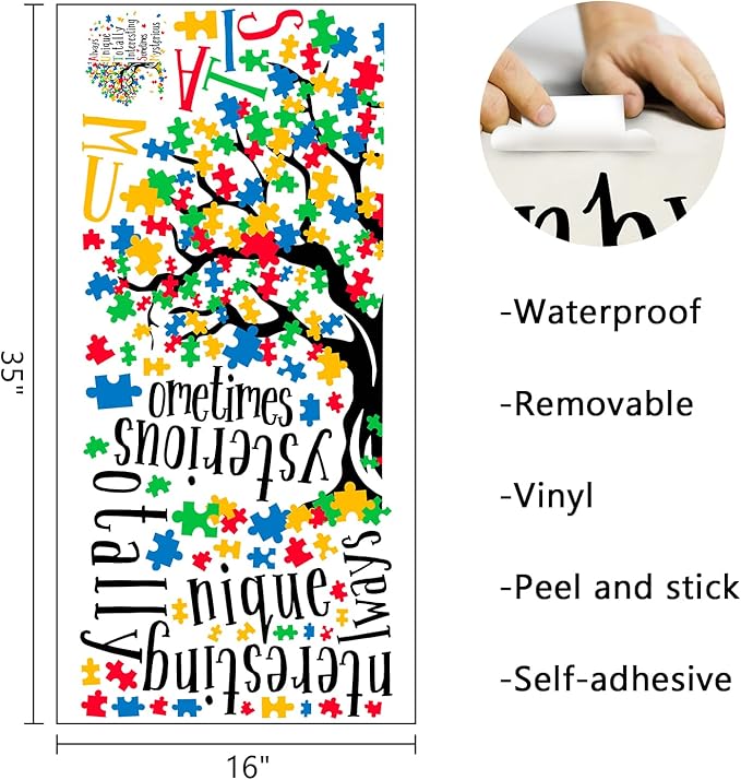 Mfault Autism Awareness Day Inspirational Sign Wall Decal Sticker, Positive Puzzle Piece Tree Colorful Nursery Classroom Decoration Baby Bedroom Art, Autistic Spectrum Motivational Kid Room Decor Gift