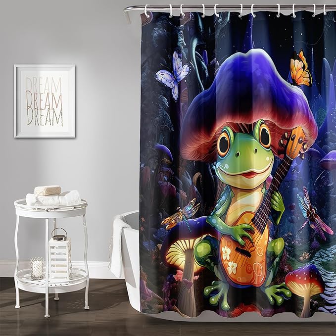 AILONEN Frog Mushroom Shower Curtain,Guitar Frog Amphibious Animal Waterproof Fabric Bath Curtain for Kids Girls,Boho Magic Mushroom Shower Curtain Set for Bathroom with Hooks,60" W*72" H