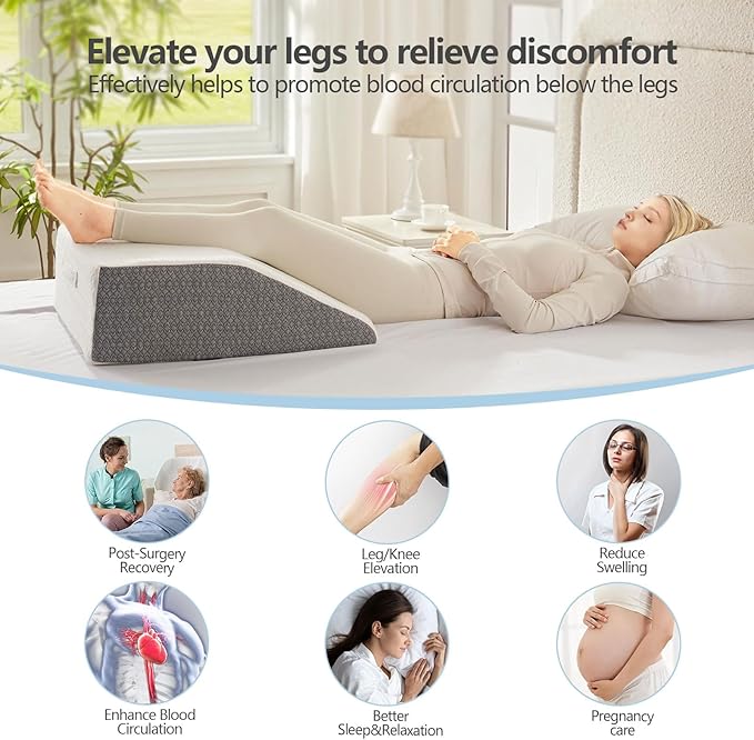 Leg Elevation Pillow for Sleeping, 8 inch Elevation Pillow for Leg After Surgery, Swelling, Leg Pillow Elevation Blood Circulation for Legs, Knees, Leg Wedges for Circulation (Flat to top 8 inch)