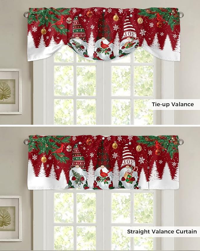 Christmas Gnomes Blackout Tie Up Valance Curtains for Kitchen Windows Red Winter Holidays Window Toppers Balloon Shades for Living Room/Bathroom/Bedroom,1 Panel,60" X 18" White Snowflakes Xmas Trees