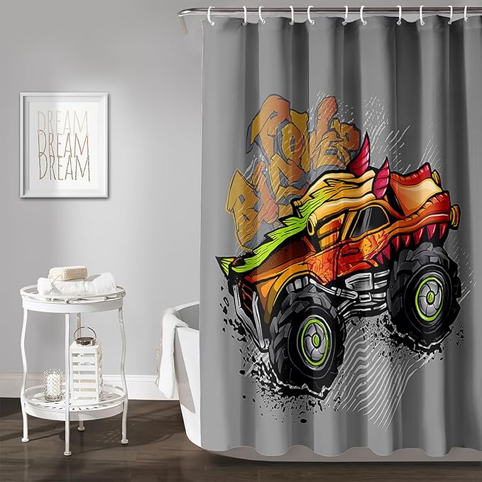 AILONEN Truck Shower Curtain for Kids Boys Teens,Red Monster Truck Bath Curtain for Bathroom Decor,Jam Truck Polyester Waterproof with 12 Plastic Hooks 72" W*96" H