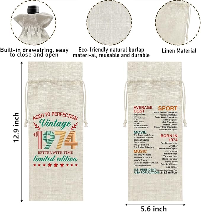50th Birthday Gifts Wine Bag Congratulations Gifts for Women Men Parents Mom Dad Anniversary Favors 1974 with Time Information Wine Gift Bag