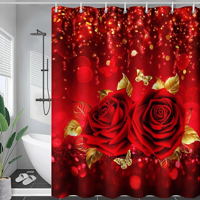 AILONEN Red Rose Shower Curtain for Bathroom,Romantic Rose Flower Waterproof Bath Curtain,Girls Women Curtain Bathroom Decor 72" W x 72" H with 12 Plastic Hooks
