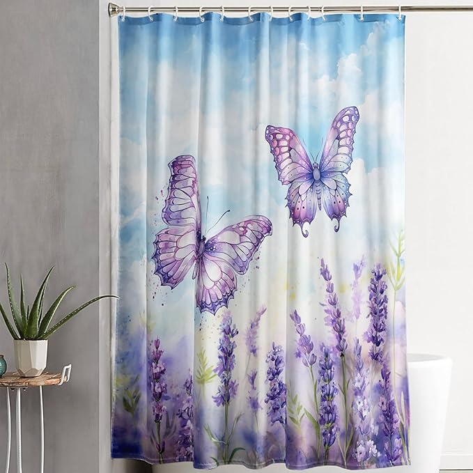 AILONEN Beautiful Butterfly Shower Curtain for Kids Girls Boys, Flying Butterfly Bath Curtains for Bathroom,Blossoming Lavender Flowers Shower Curtain Set with Hooks,48" W*72" H