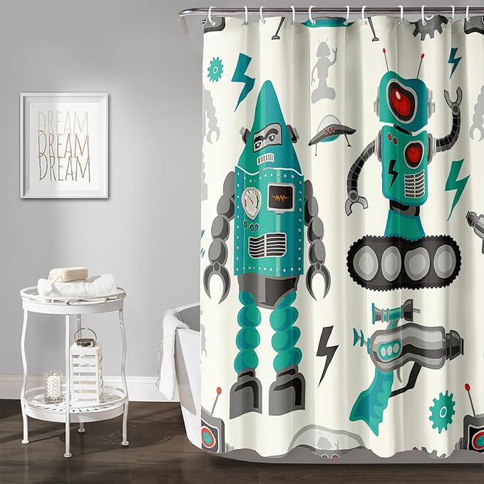 AILONEN Robot Shower Curtain,Cartoon Green Tank Robot Bathroom Decors, 72" W*72" H Logistic Robots Waterproof Shower Curtain for Boys Girls Teens Kids