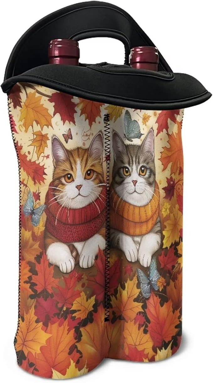 doginthehole Cute Cats Wine Bottle Holder 2 Bottle Wine Carrier Tote Bags Fall Maple Leaves Portable Champagne/Water Bottle/Beer Carriers Bag Case for Travel, Picnic, Party, Thanksgiving Day