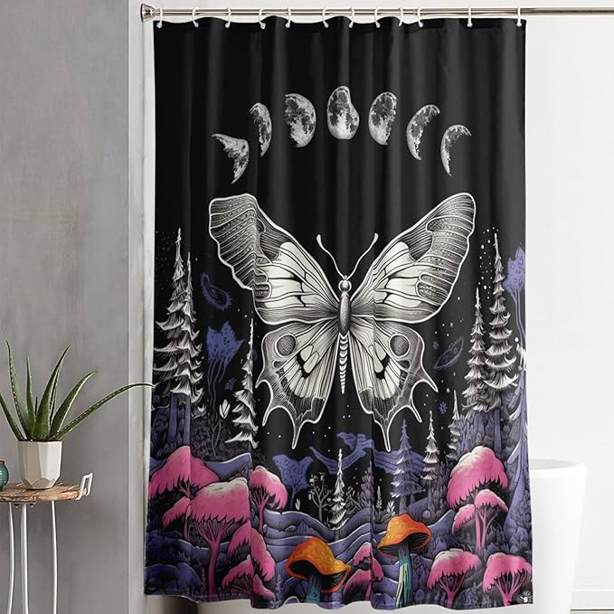 AILONEN Moth Shower Curtain for Kids Girls Boys, Boho Sun Moon with Mushroom Shower Curtains for Bathroom,Natural Plants Shower Curtain Set with Hooks,72" W*78" H