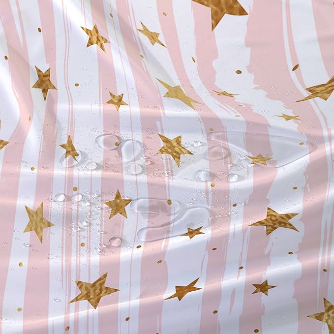 AILONEN Stars Shower Curtain, Pink Striped and Gold Stars Waterproof Shower Curtain,Simple Vintage Style Shower Curtain Liner for Girls Women Adults,72" W*84" H