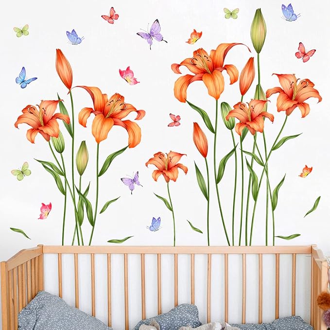 Amaonm Removable DIY Orange Lily Flower wall Sticker Peel and Stick Floral Butterfly Leaf Plant Vine Wall Decals for Kids Girls Boys Bedroom Living Room Nursery Classroom Playroom Office Bathroom Wall Background Decoration