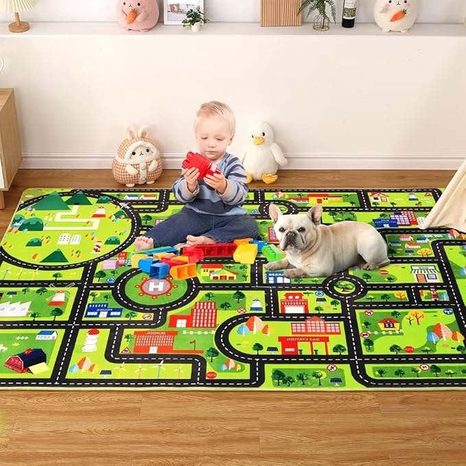 Kids Carpet Playmat Rug 5x7 Ft City Life Game Play Area Rug Kids Baby Childern Educational Road Traffic Play Mat Super Soft Non Slip Car City Map for Toddler Nursery Playroom Classroom, Grey
