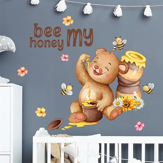 Cute Bear Bees Honey Jar Wall Stickers, sacinora Sunflower Cartoon Animal Bee My Honey Wall Decals Removable Vinyl Peel and Stick for Kids Baby Nursery Bedroom Kitchen Art Decoration