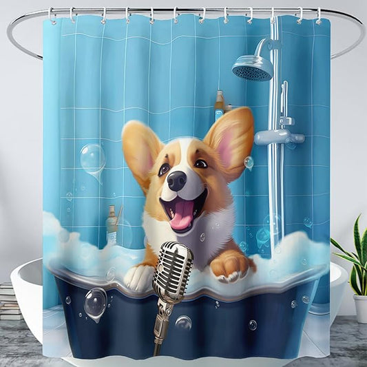 AILONEN Cute Shower Dog Shower Curtain for Kids Boys,Funny Singing Puppy Waterproof Fabric Shower Curtain for Bathroom,Lovely Hilarious Pet Shower Curtain Set with Hooks,36" W*72" H