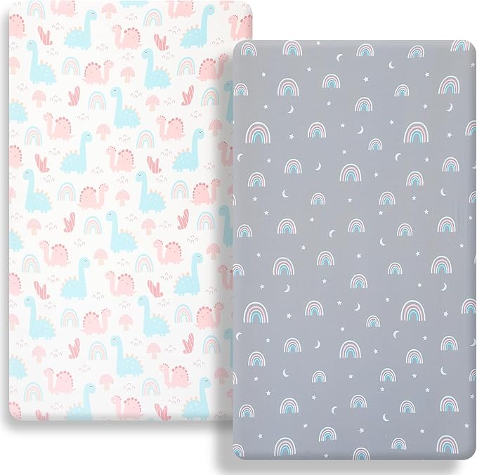 Pack n Play Fitted Sheet .2 Piece Mini Crib Sheet Stretch Playard Sheet Portable Sheet Set. Elastic Convertible Playard Sheet Set Compatible with Graco Pack n Play (Rainbow and Dinosaur Park)