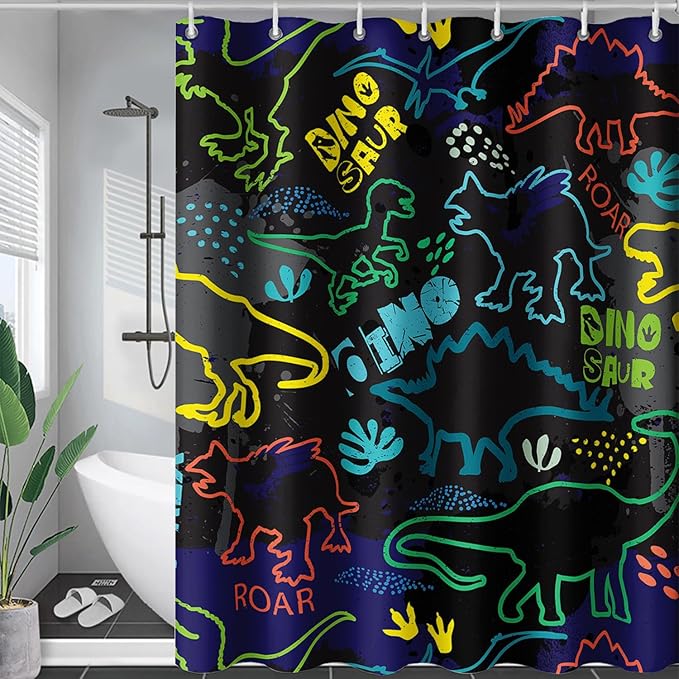 AILONEN Cartoon Dinosaur Shower Curtain 48" W*72" H for Bathroom,Teen Boys Dinosaur Bathroom Shower,Roaring Dinosaur Silhouette Boys Shower Curtain Polyester Waterproof Bath Curtain with 12 Hooks