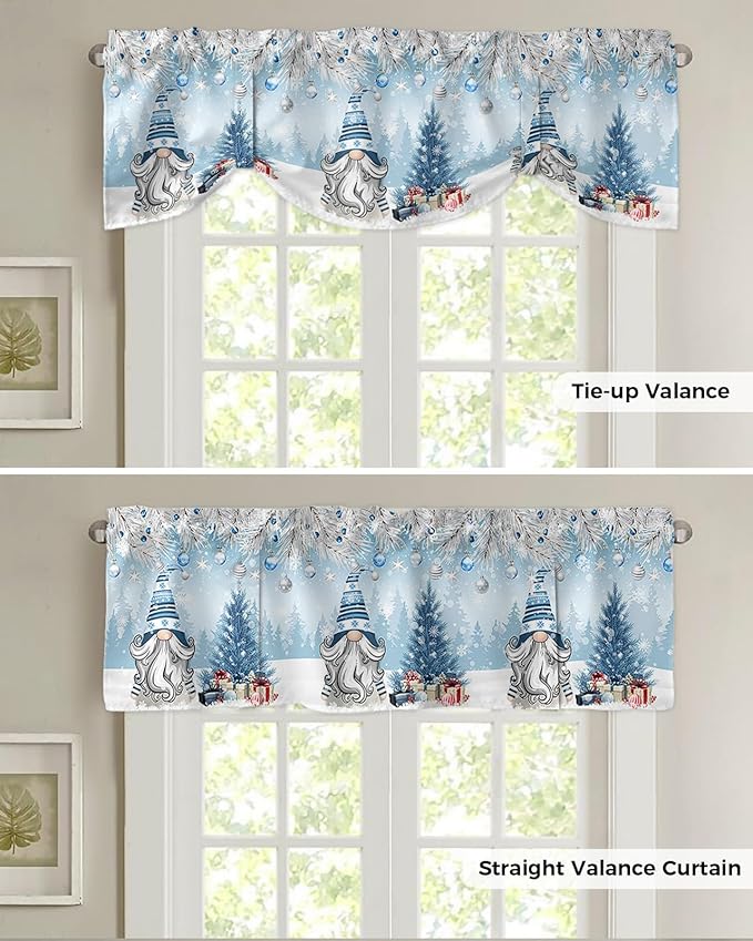 Christmas Gnome Blackout Tie Up Valance Curtains for Kitchen Windows Winter Merry Christmas Tree Balls Window Toppers Balloon Shades for Living Room/Bathroom/Bedroom,1 Panel, 60" X 18", Blue