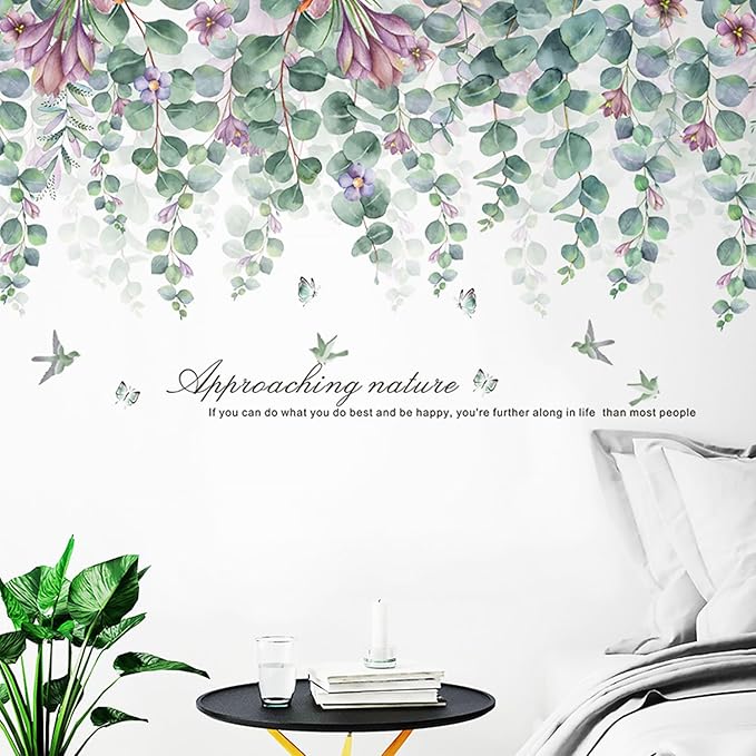 Green Plants Leaves Wall Decals Peel and Stick Large Hanging Vines Wall Stickers Bedroom Living Room Sofa TV Background Wall Decor