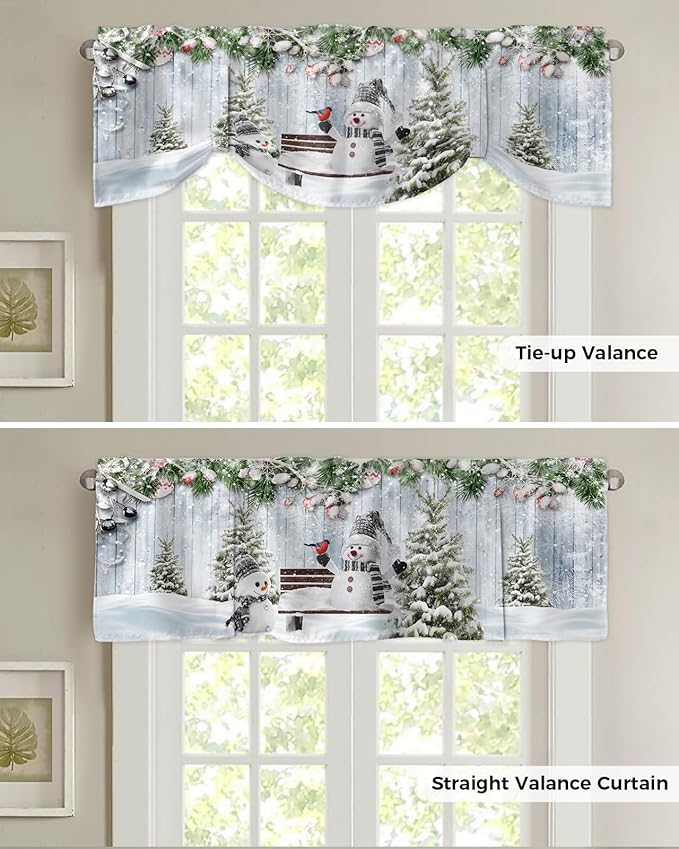Merry Christmas Blackout Tie Up Valance Curtains for Kitchen Windows Xmas Snowman Snowy Pine Tree Window Toppers Balloon Shades for Living Room/Bathroom/Bedroom,1 Panel, 60" X 18", Blue Winter