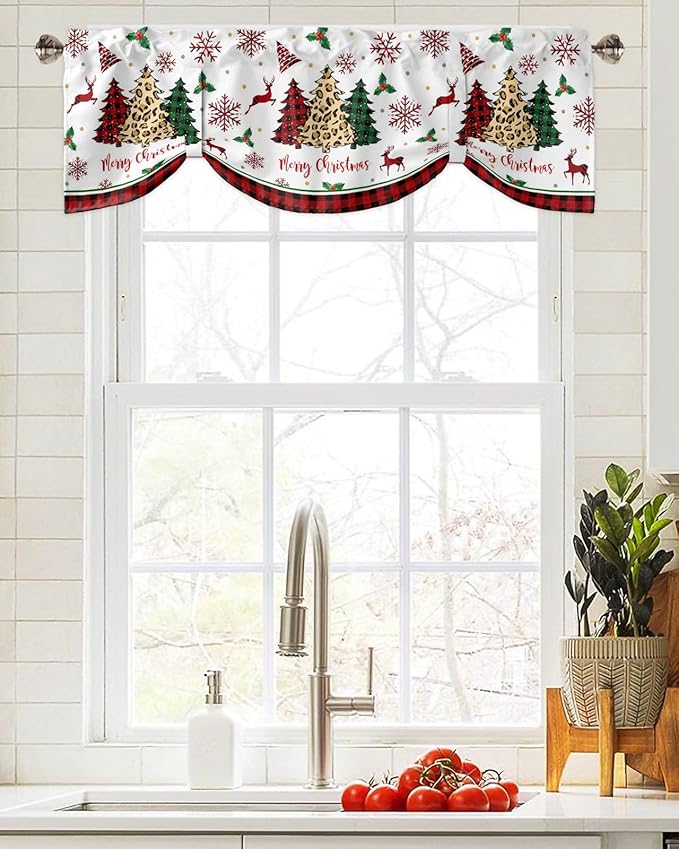 Merry Christmas Blackout Tie Up Valance Curtains for Kitchen Windows Farm Christmas Tree Buffalo Plaid Leopard Window Toppers Balloon Shades for Living Room/Bathroom/Bedroom,42" X 12" Holiday Decor
