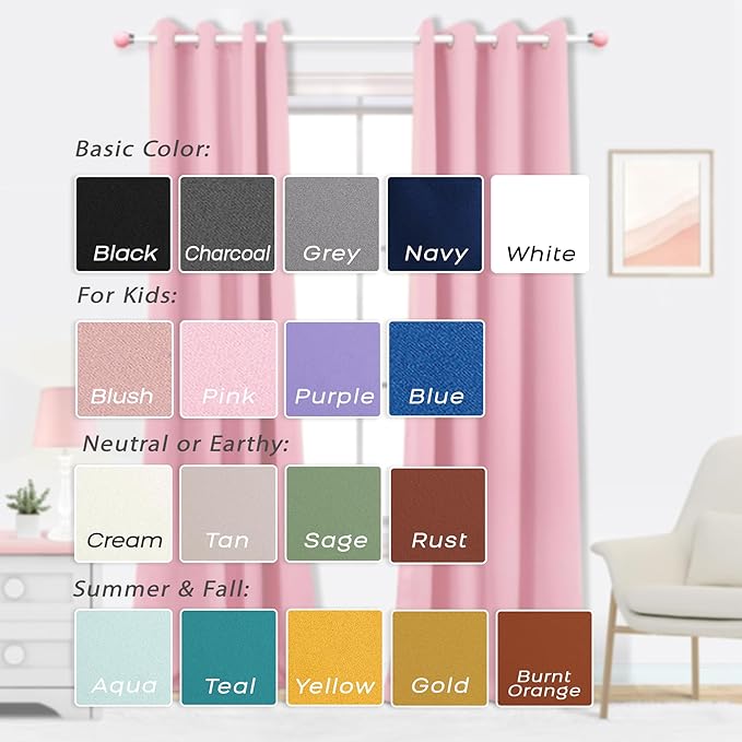 Mrs.Naturall Kids Curtains for Bedroom,Blackout Curtains for Girls Room Princess Nursery,2 Panels,45 Inch Length,Light Pink