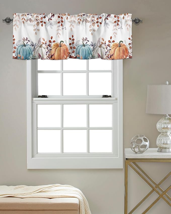 Fall Thanksgiving Kitchen Curtains Valances for Windows Watercolor Autumn Pumpkins Eucalyptus Leaves Rod Pocket Window Treatment for Kitchen /Living Room/Bedroom/ Bathroom,42" X 18", Blue Orange