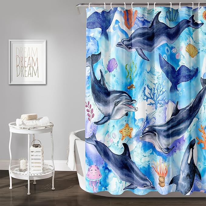 AILONEN Cute Cartoon Whale Shower Curtain,Kawaii Marine Animal Whale Bathroom Curtain for Kids Girls Boys,Blue Tie Dye Bath Curtain Set,Seaweed Fabric Shower Curtains for Bathroom, 72" W*96" H