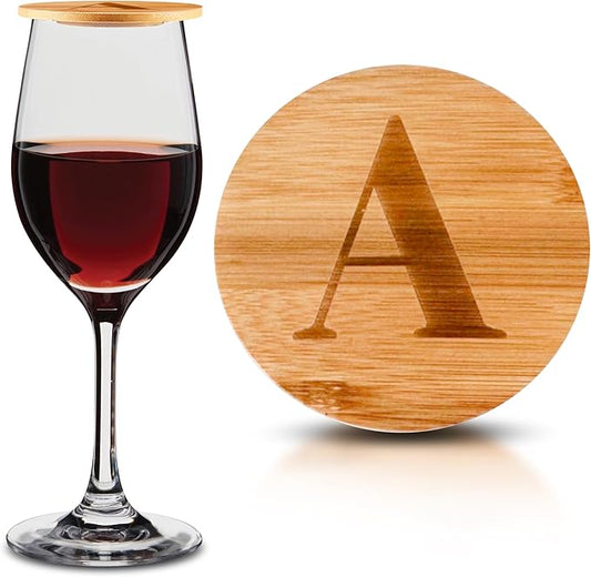 Personalized Wine Glass Charcuterie Topper - Custom Laser Engraved Initial Bamboo Wine Glass Topper Stopper Coasters Plate ID Identification Wine Glass Charcuterie Board Topper (Letter A)