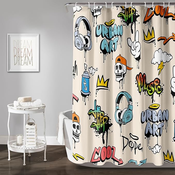 AILONEN Hip-Hop Skull Shower Curtains,Graffiti Music Bath Curtains,Printed Rock Curtains,Polyester Waterproof with 12 Hooks for Bathroom 48" W*72" H