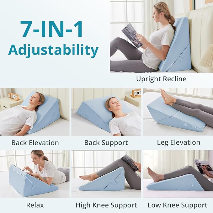 Sasttie Wedge Pillow for Sleep Apnea, 10 Inch Adjustable Bed Wedge Pillow for Back Pain, Acid Reflux Relief, Memory Foam Triangle Pillow Wedge for Sleeping, Post Surgery, Knee Elevation, Light Blue