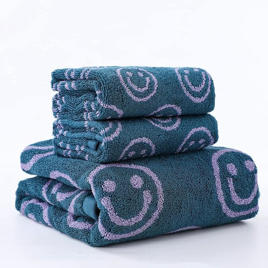Luxury Cute Smiling Face Purple Green Bath Towel Sets for Bathroom, 1 Bath Towels 2 Hand Towels Washcloths 100% Cotton Ultra Soft Highly Absorbent for Women Kids Girl Boy Face Body