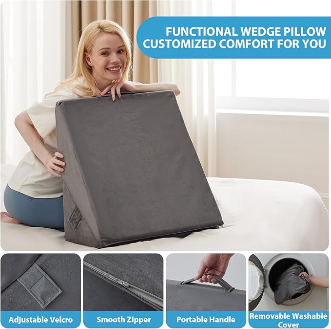 Bed Wedge Pillow for Sleeping, 9 & 12 Inch Adjustable Wedge Pillow for Back Pain Relief, 7-in-1 Memory Foam Triangle Pillow Wedge for Post Surgery, Acid Reflux, GERD, Snoring, Grey