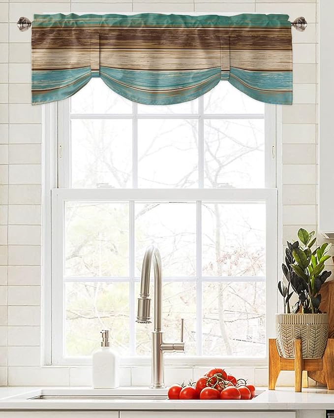 Farmhouse Blackout Tie Up Valance Curtains for Kitchen Windows Teal Turquoise Green Brown Country Window Toppers Balloon Shades for Living Room/Bathroom/Bedroom,54" X 18" Retro Rustic Barn Wood